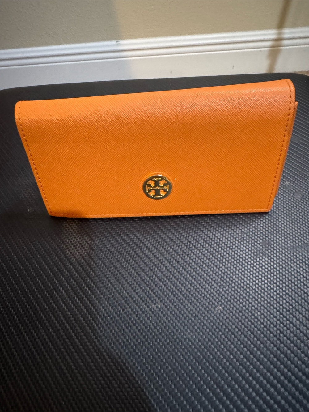Tory Burch Bright Orange Saffiano Card Holder with Gold Logo